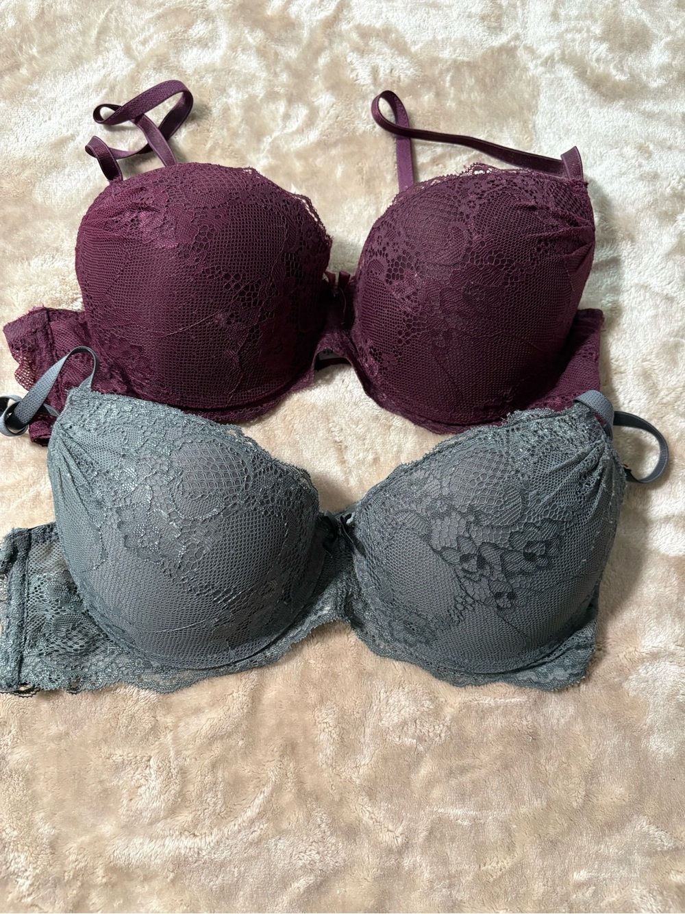 Bundle of 2 Sophie B. Lace Push-Up Bras - Size 36C (Charcoal Gray & Plum)